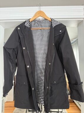 Women's Black Hooded rain Coat with Striped Lining